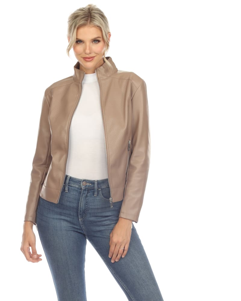 Front of a model wearing a size L Women's Classic Biker Faux Leather Jacket in Taupe by White Mark. | dia_product_style_image_id:306438